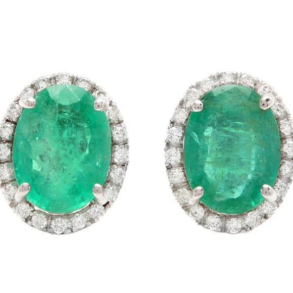 4.45 Ct Emerald & Diamond 14KW Gold Stud Earrings